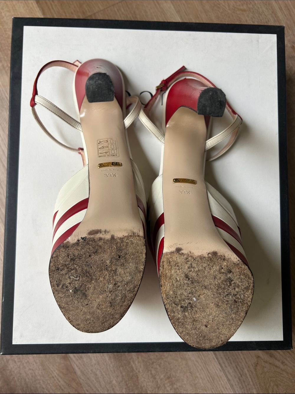 Gucci Red and White Stripe Platform Heels with Stud and Emblem Detail - Picture 7 of 13